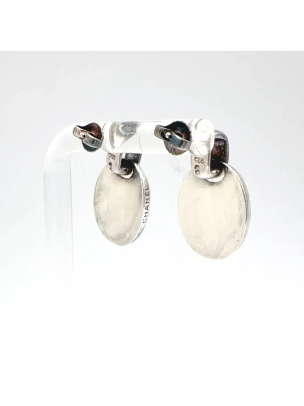 Chanel Oval Plate Log Drop Silver Earrings